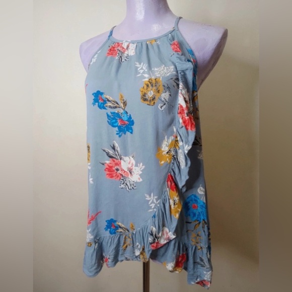 Maurices Blue Floral Ruffle Hem Halter Top Size L - Picture 1 of 11
